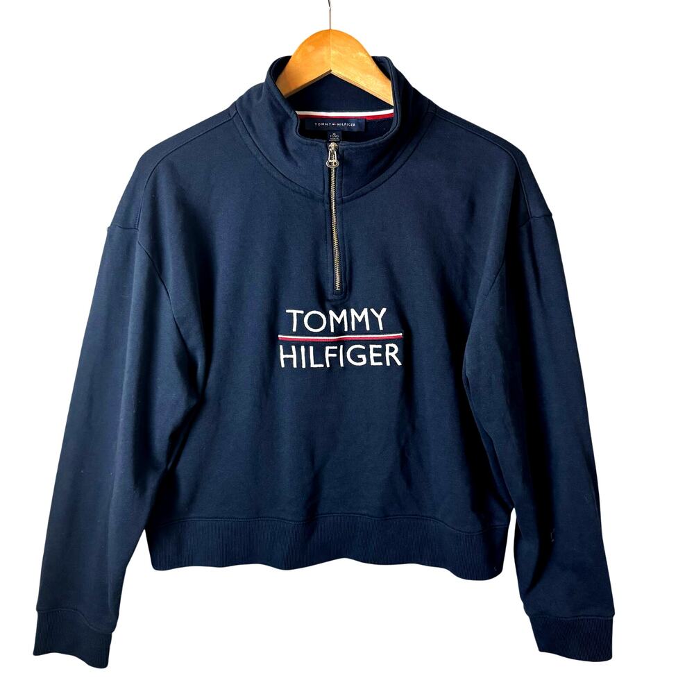 Tommy Hilfiger Sweatshirt Womens XL Navy Blue Spellout 1/4 Zip Mock Neck Preppy